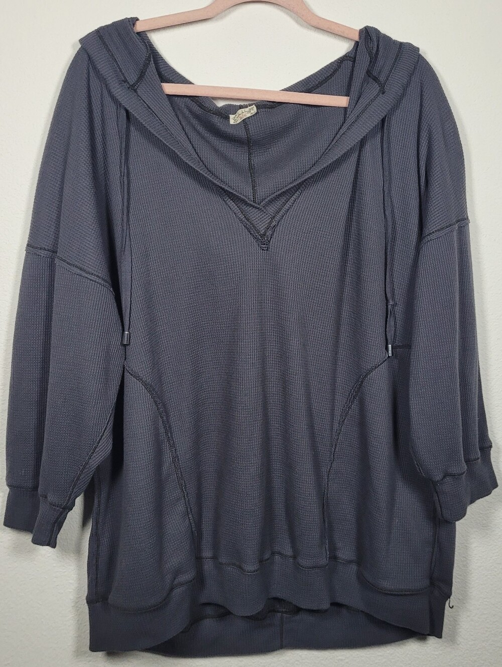 Intimately FP Early Night Charcoal Waffle Knit Hooded Thermal Tunic Top S Cozy